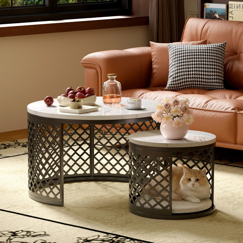 Set 2 tavolini da caffè rotondi 70 e 45 cm con spazio per animali; MDF e metallo bianco