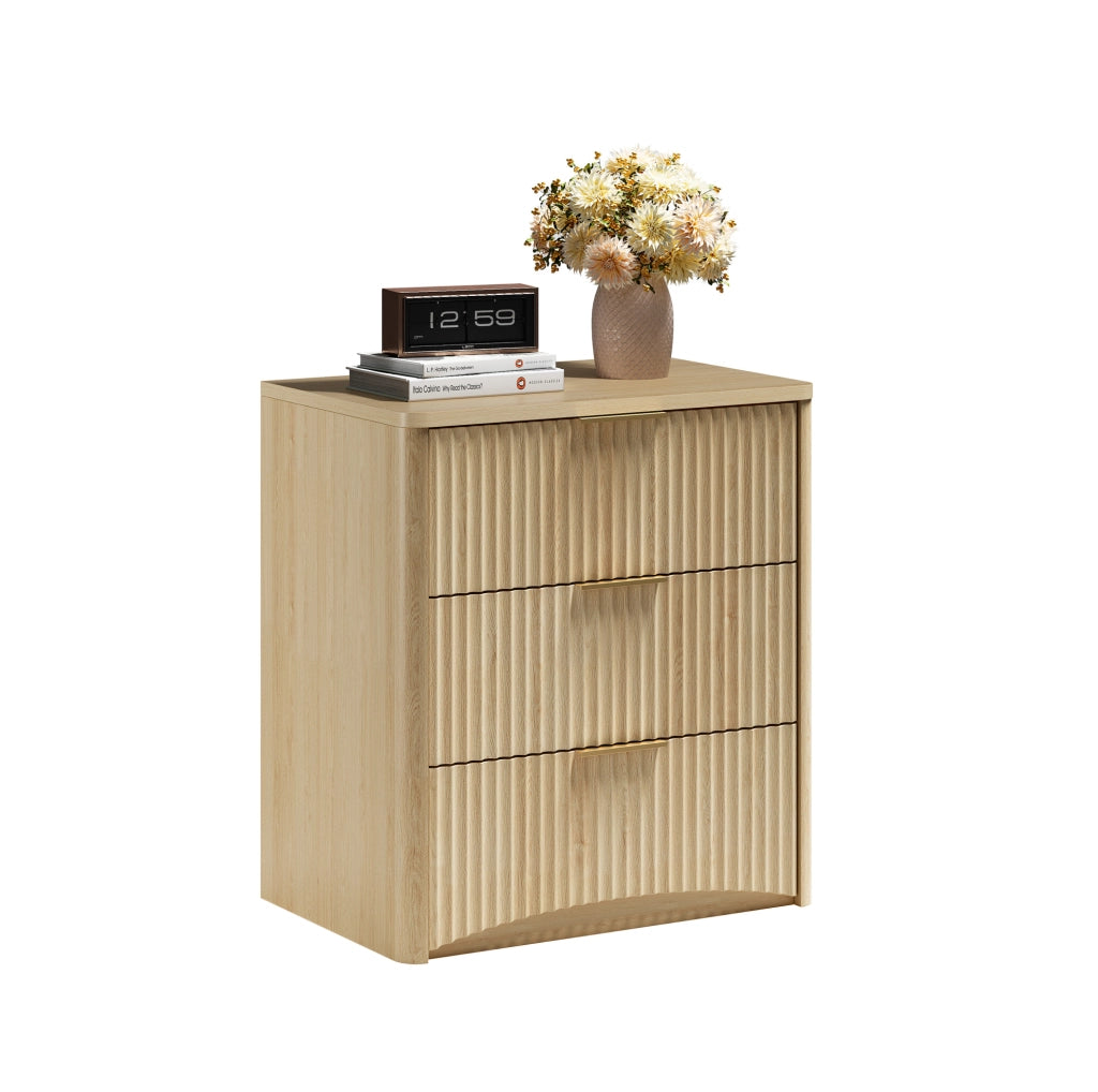 Comodino 58x38x64 cm in MDF rovere， 3 cassetti， maniglie in metallo