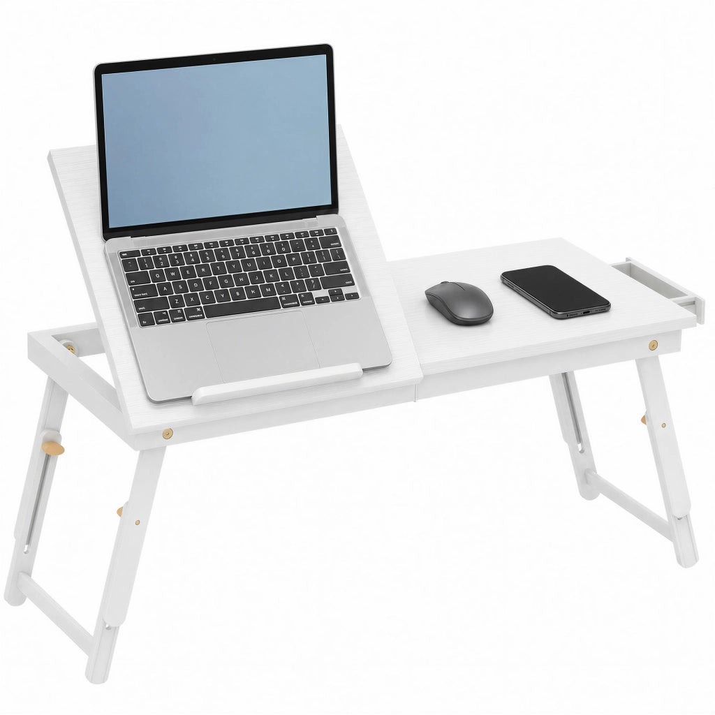 Tavolino da Letto Pieghevole per Laptop in Bambù Vassoio Porta PC Regolabile e Inclinabile con Cassetto Bianco 83,5x33x34cm