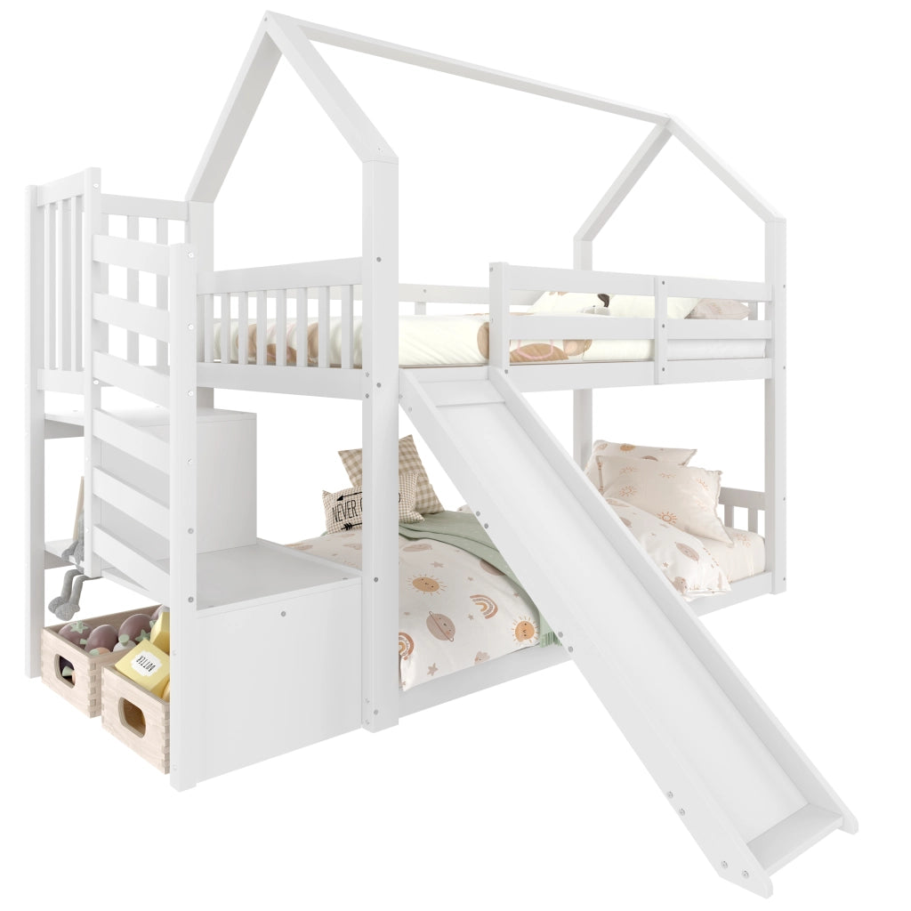 Letto a soppalco per bambini 90x200 cm in legno di pino e MDF, con scivolo e scala contenitore, bianco
