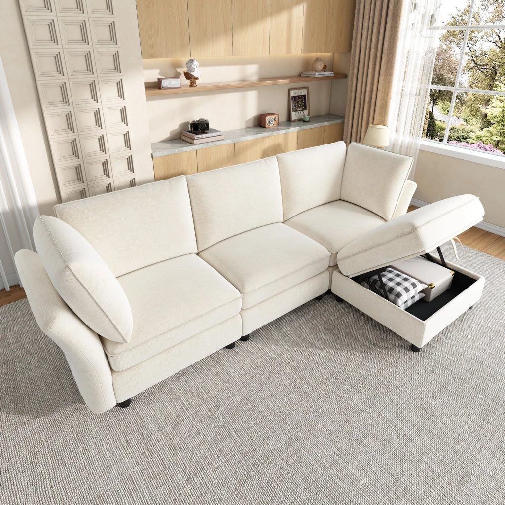 Divano modulare ad angolo a L con pouf contenitore, rivestimento in tessuto chenille beige, 4 posti, struttura in legno massello