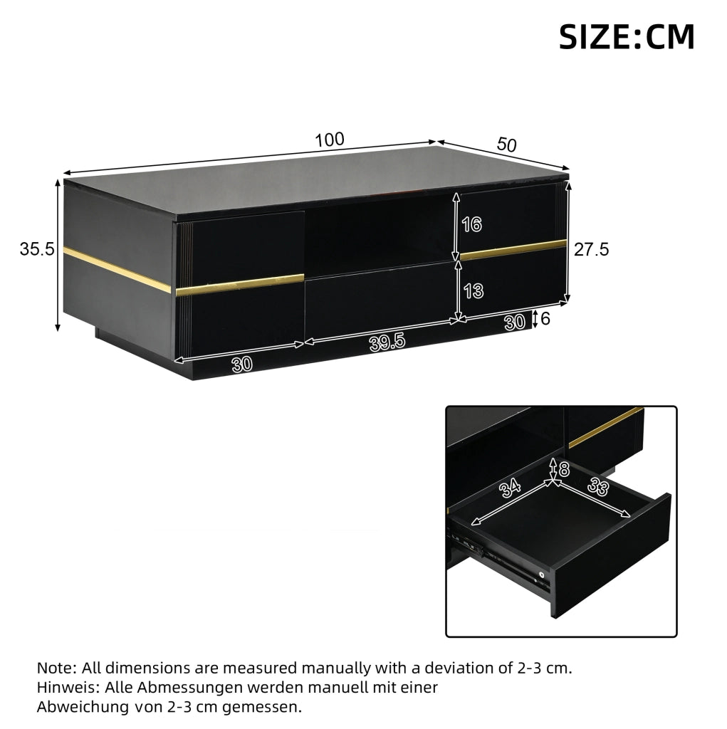 Tavolino da caffè moderno in MDF nero con LED, 100x50x35,5 cm, 2 ante, 1 cassetto, finiture dorate
