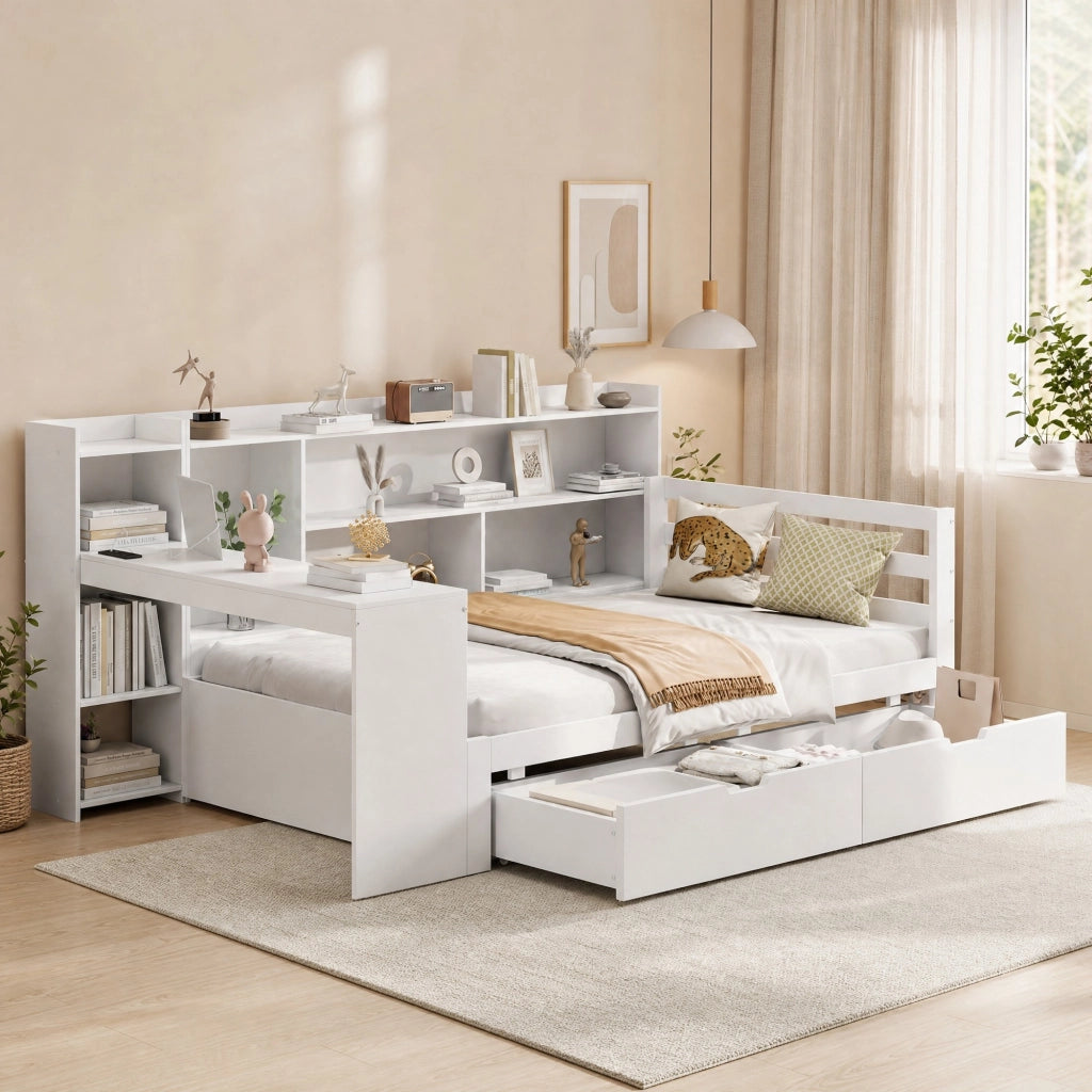 Letto con cassetti 90 × 200 cm con scrivania scaffali prese USB e di corrente rete a doghe in legno bianco
