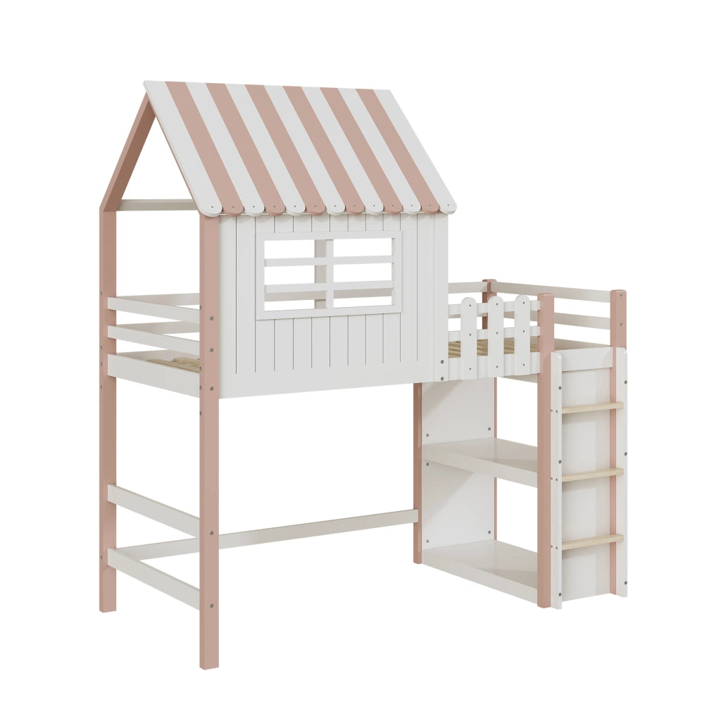 Letto a soppalco per bambini 90 × 200 cm con tetto scala di sicurezza rete a doghe in legno rosa