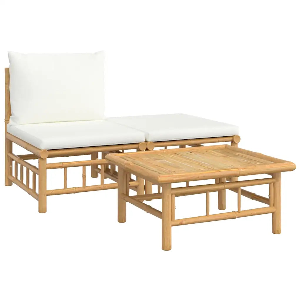 Set Salotto da Giardino 3pz | Set di Mobili da Esterno con Cuscini Bianco Crema in Bamb¨´