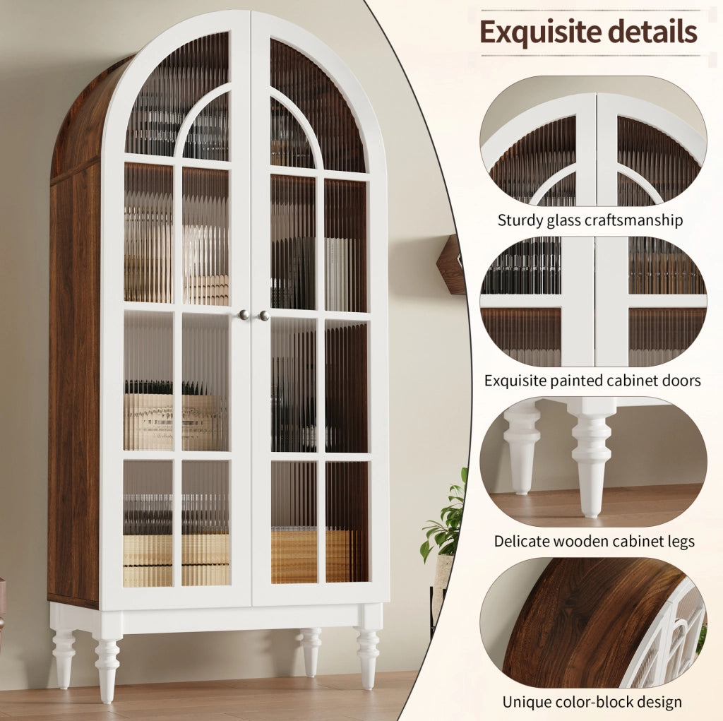 Vetrina ad arco 165 cm con ante doppie in vetro scanalato, 3 ripiani, MDF e metallo, finiture noce e bianco