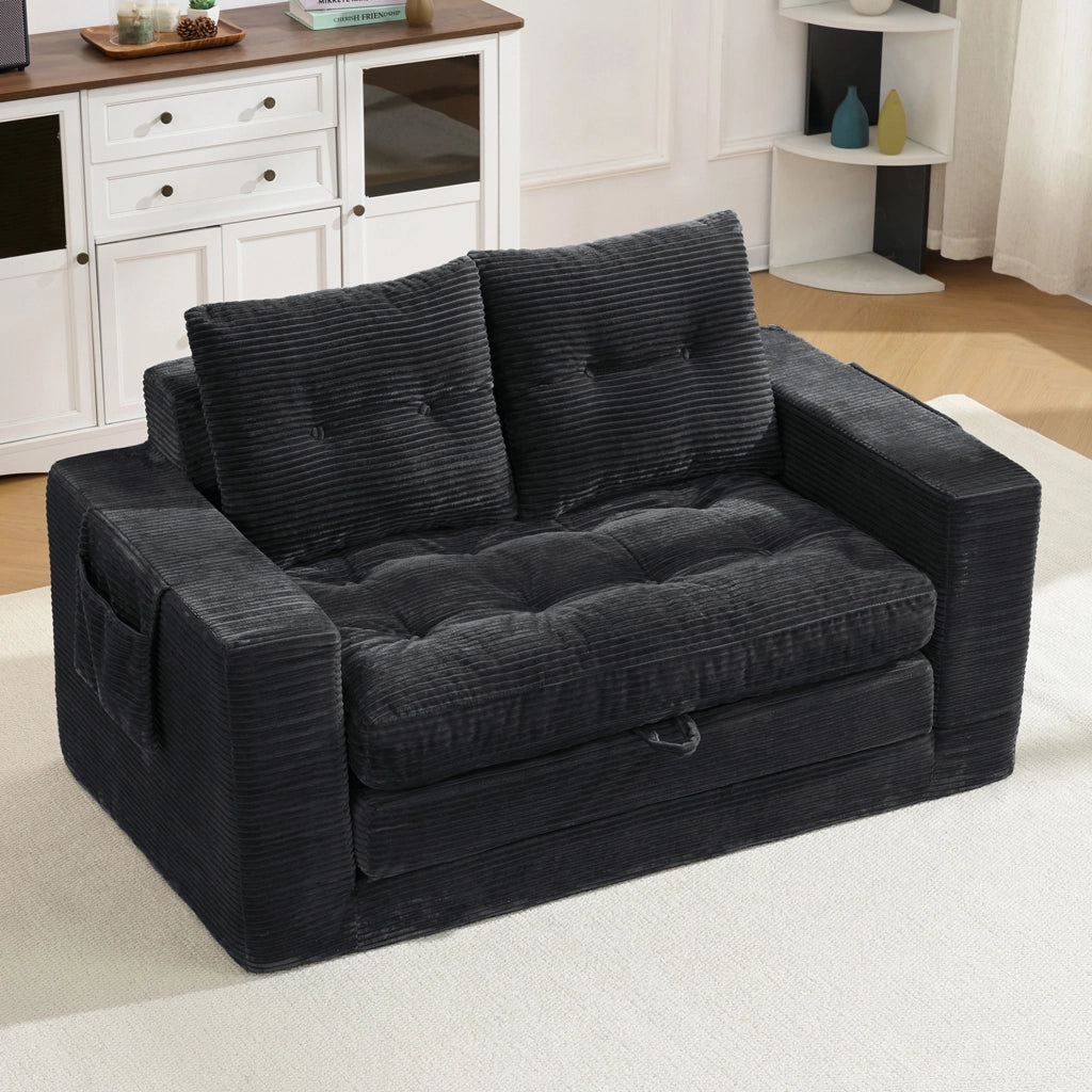 Divano letto matrimoniale con ampi braccioli e tasche laterali, imbottitura elastica, colore nero