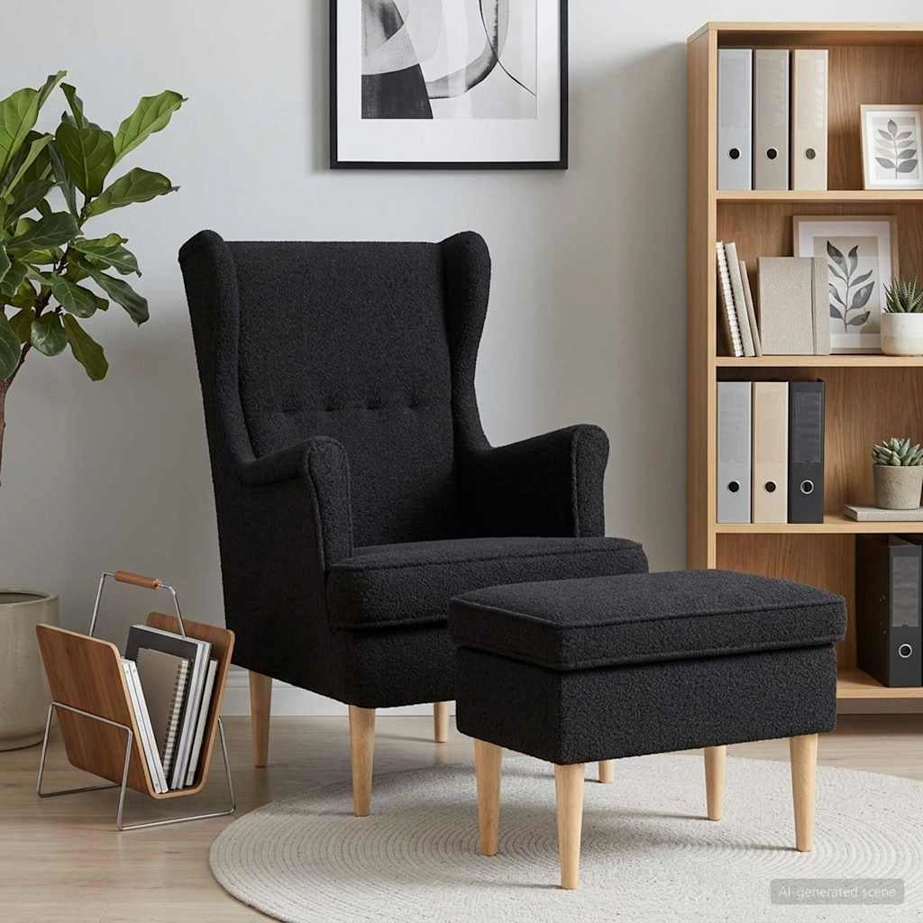 Poltrona con Ottomano 2 pz Nero Bouclé 3418837