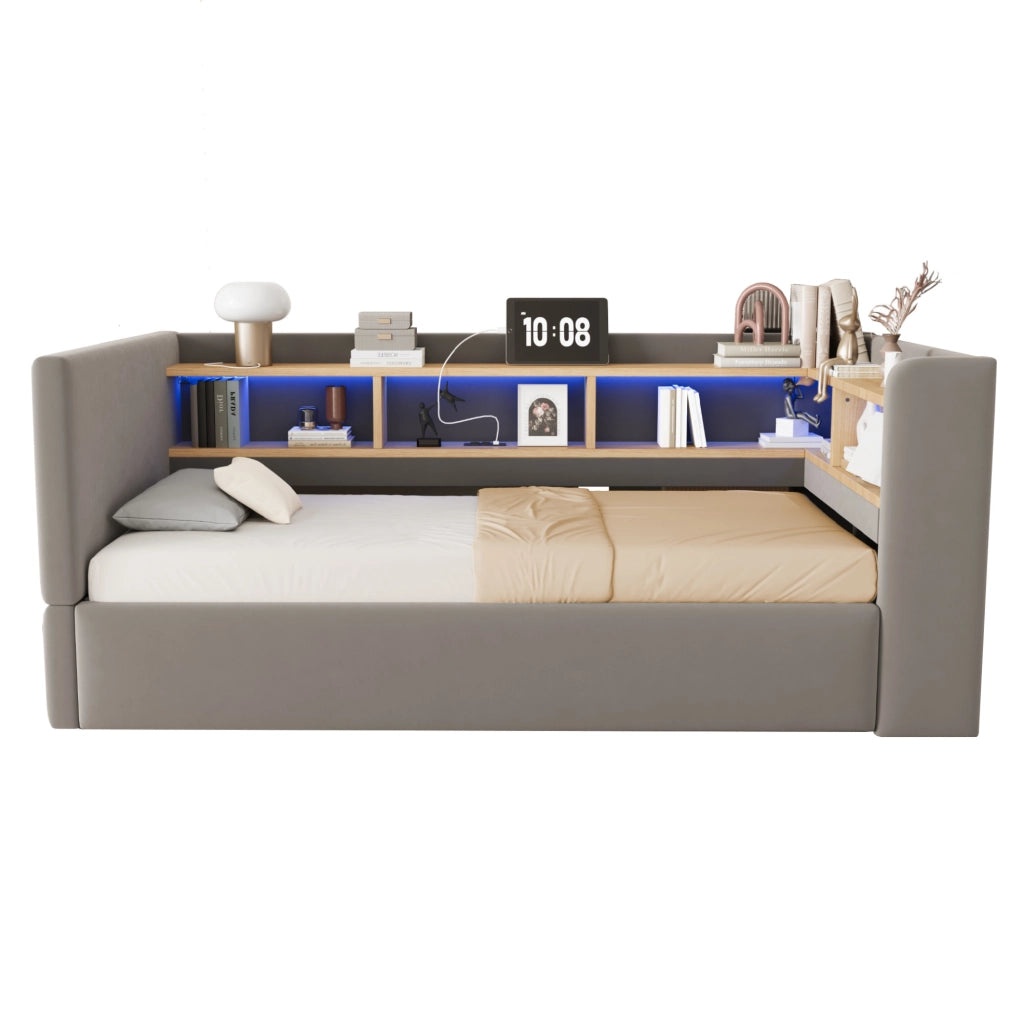 Divano Letto Imbottito 90x190 cm con Contenitore Idraulico, LED e Prese, Colore Grigio Scuro