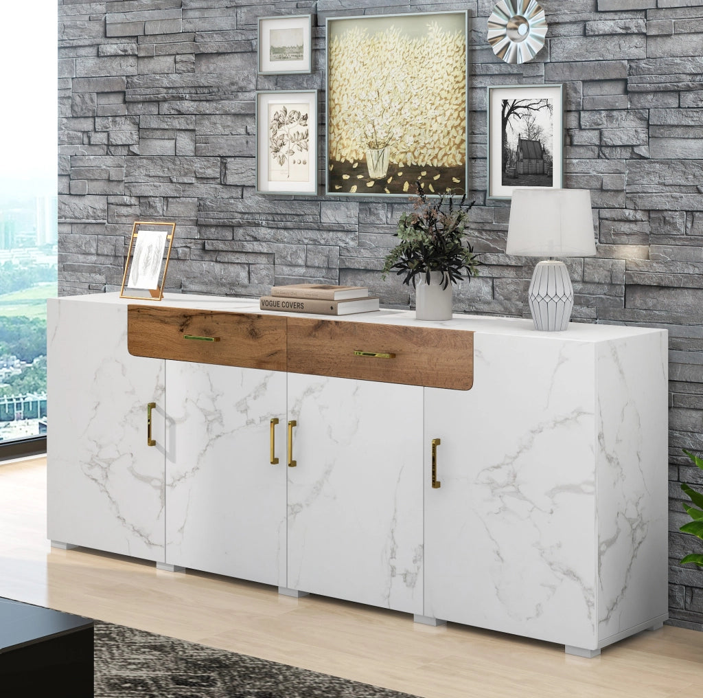 Credenza moderna bianca effetto marmo, 208 x 39,5 x 80 cm