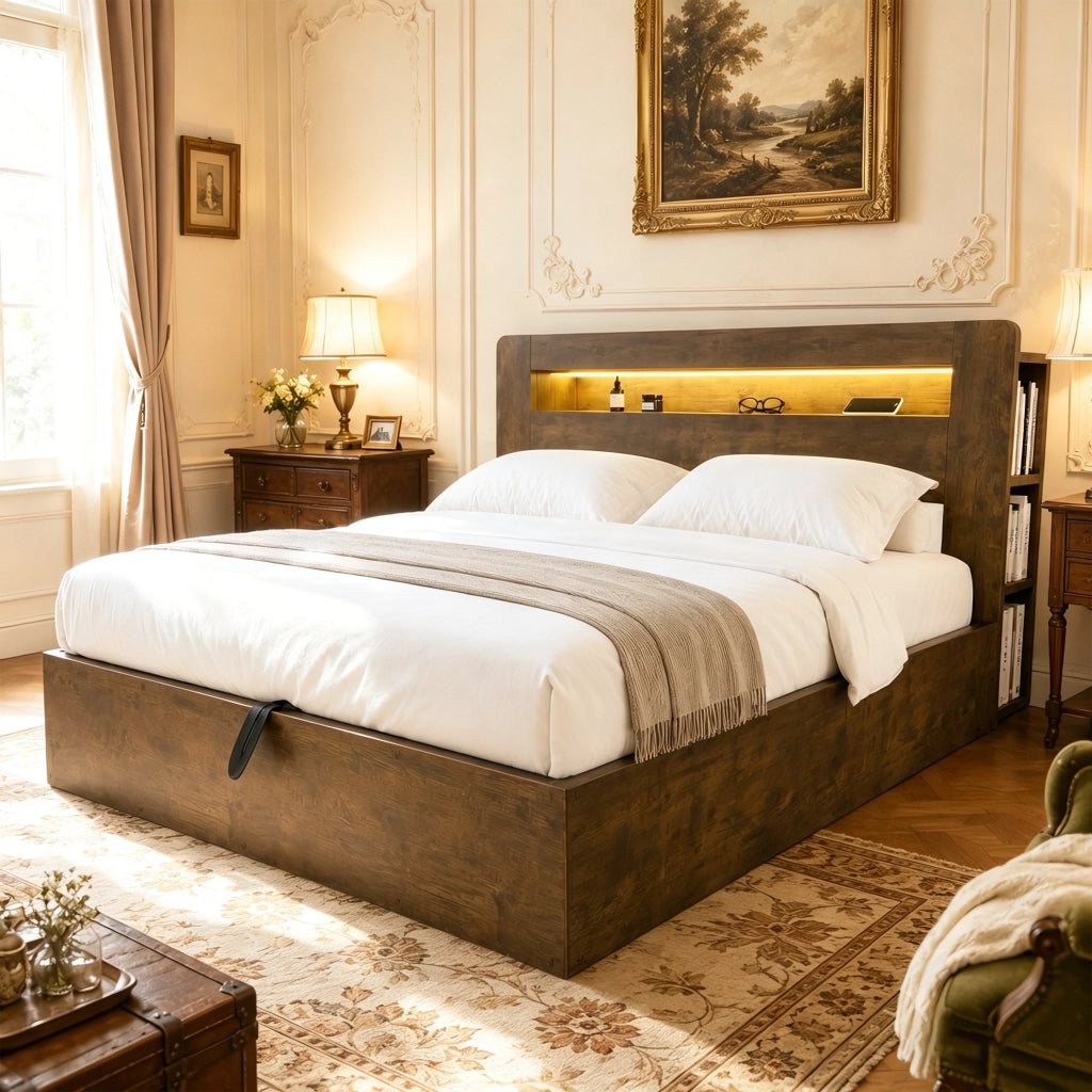 DESMIU Letto contenitore 180 × 200 cm 2 posti con LED, prese e vani portaoggetti, senza materasso, in legno, vintage