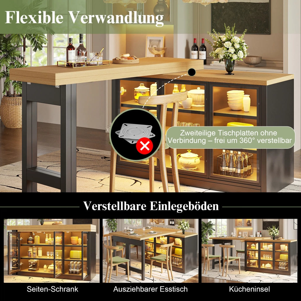Tavolo da pranzo multifunzione con credenza laterale, isola cucina estraibile nera, design moderno, rotazione 360°, sistema luci smart