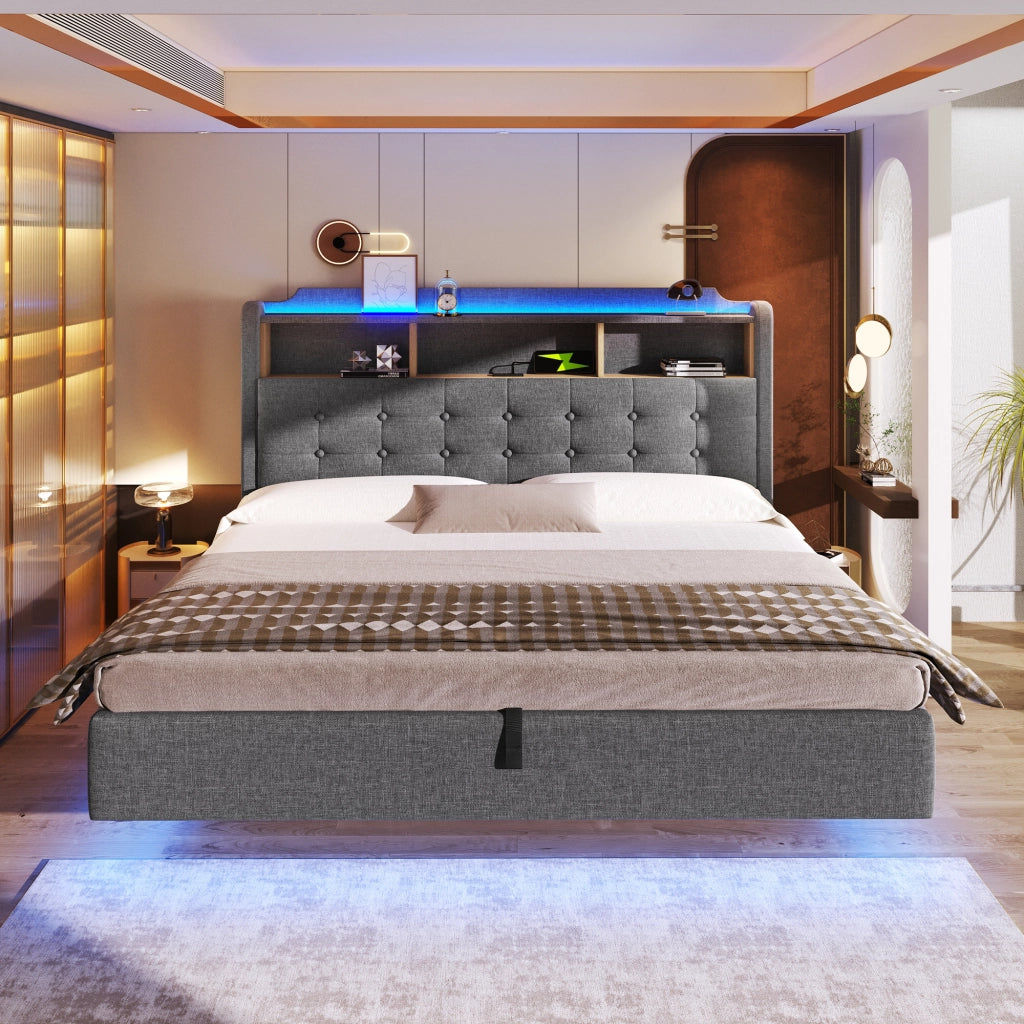 Letto contenitore 180x200 cm grigio effetto sospeso con vani; LED; USB e USB-C