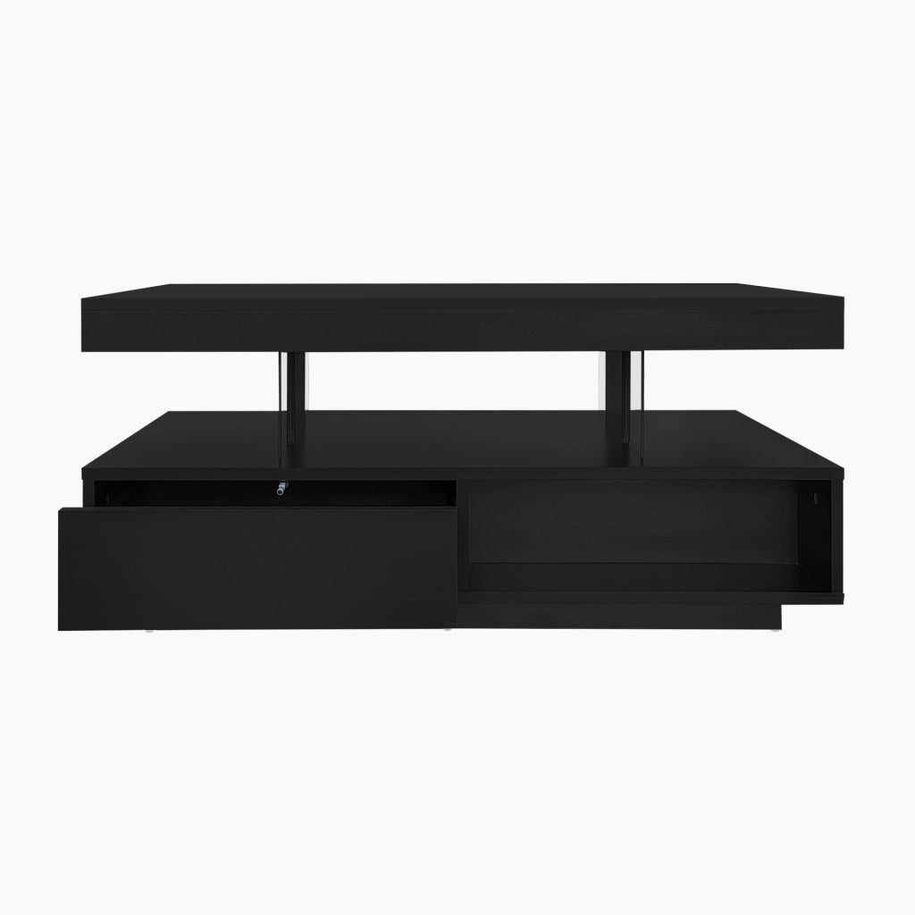 Tavolino da salotto 95x50x42;5 cm con LED Bluetooth; 2 cassetti e 2 vani; nero in truciolare
