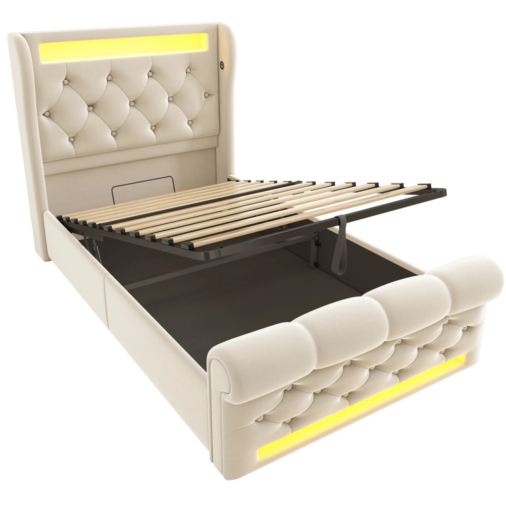 Letto imbottito con contenitore 90x200 cm in velluto beige, LED integrato e prese USB Type-C