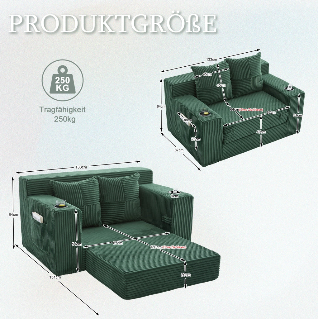 Pouf divano in velluto a coste verde smeraldo con tasche laterali; 151 x 133 x 64 cm