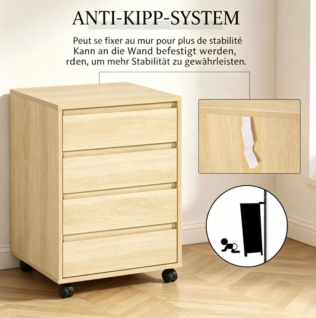 Mobile cassettiera in MDF naturale con 4 cassetti e ruote, 46x40x65 cm