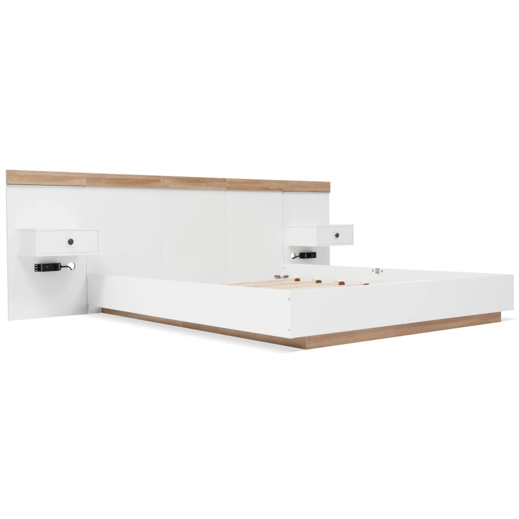 Set letto completo; 180x200cm; con 2 comodini LED e USB C; bianco quercia
