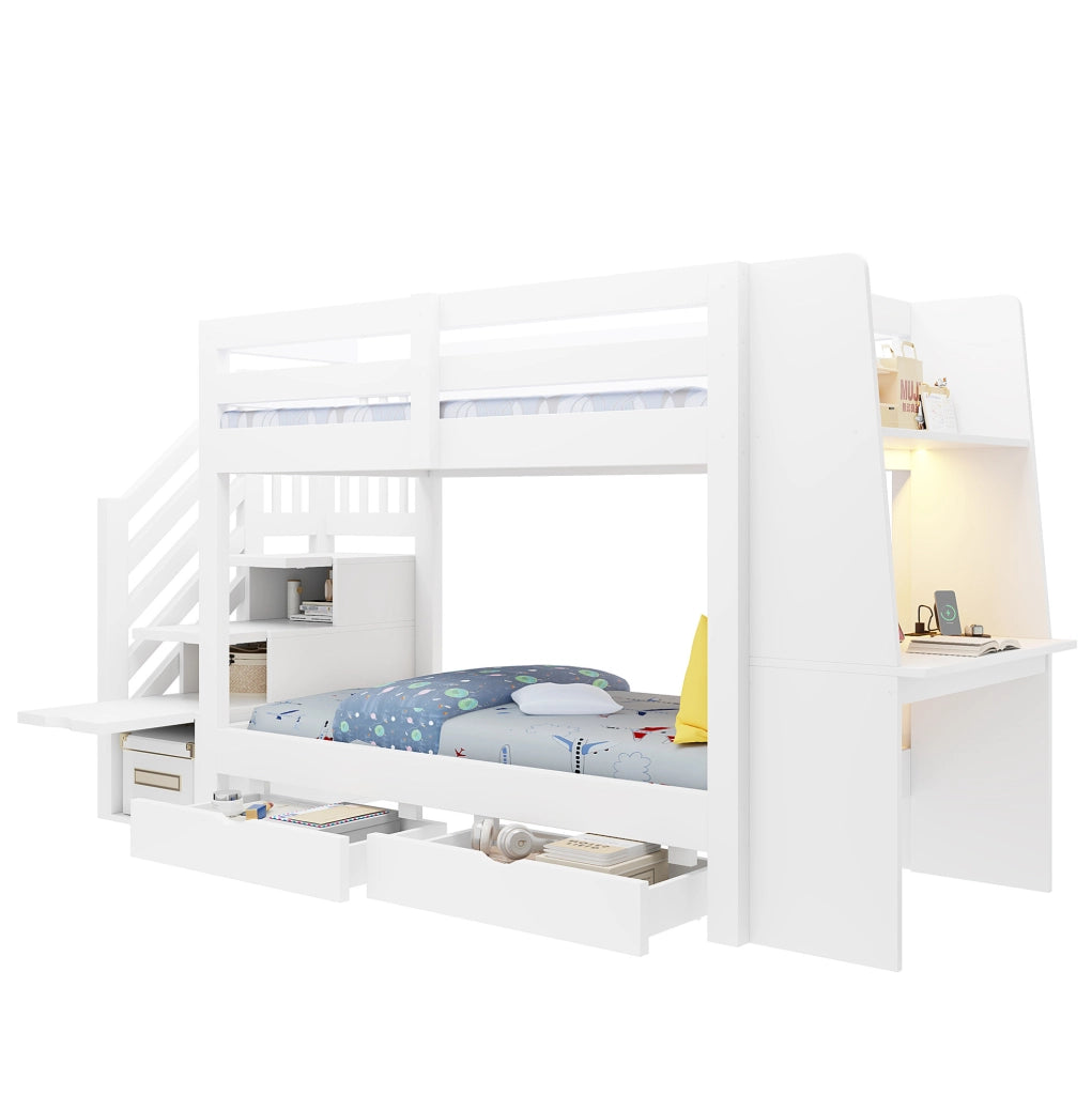 Letto a castello 90x200 cm in legno con scala contenitore; scrivania; LED e 2 cassetti; bianco