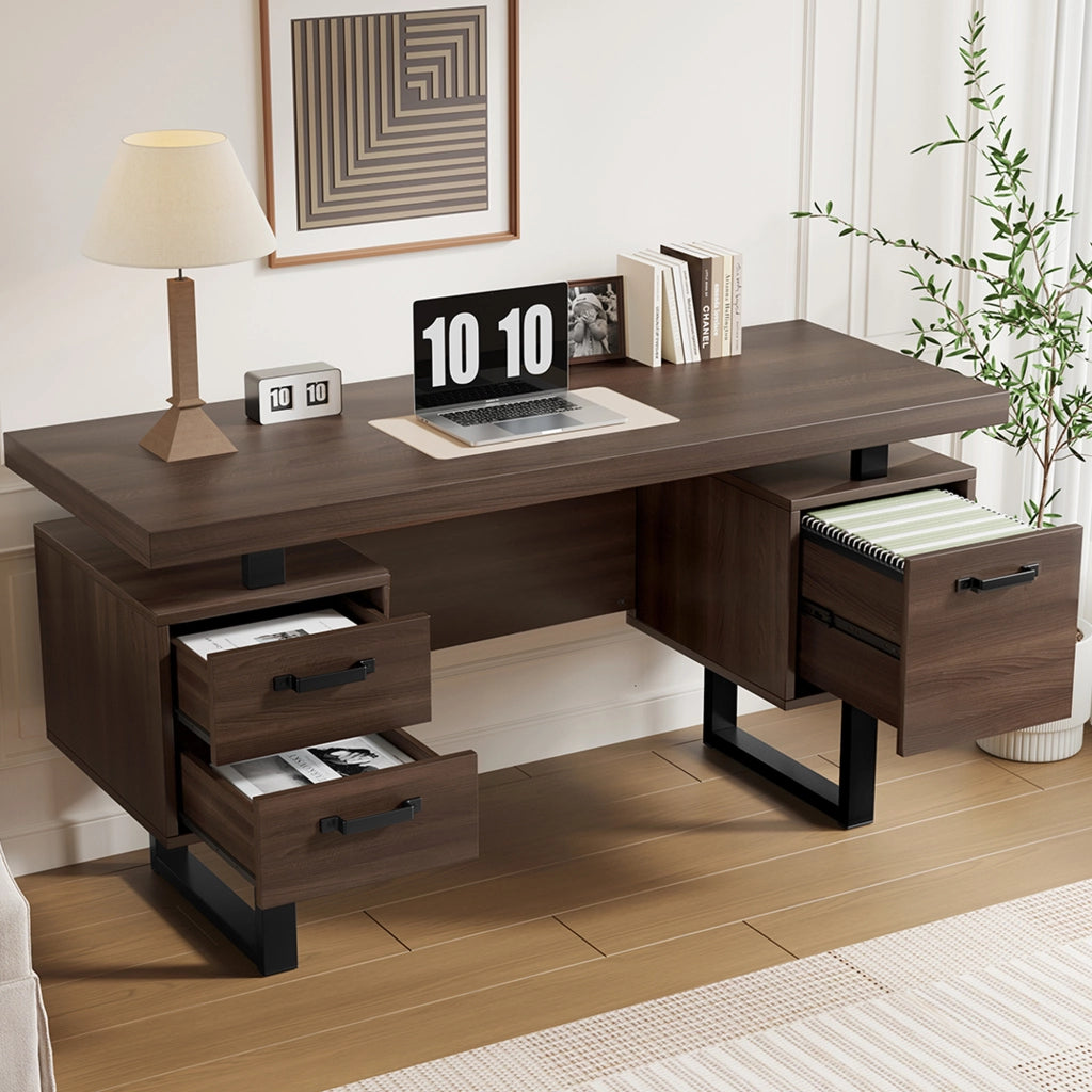 SCRIVANIA da Ufficio 135x54 cm MDF e Metallo Marrone Scuro e Nero