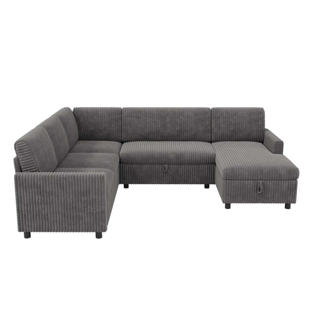 Divano panoramico a U con funzione letto estraibile e vano contenitore, in velluto a coste grigio, 274 × 220 × 85 cm