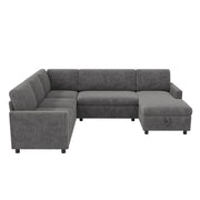 Divano panoramico a U con funzione letto estraibile e vano contenitore, in velluto a coste grigio, 274 × 220 × 85 cm