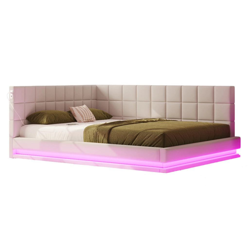 Divano letto in lino con LED e USB, 160x200 cm, beige