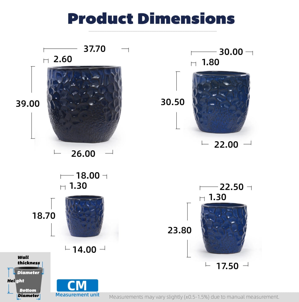Set di 4 vasi in ceramica artigianali, smaltati blu intenso con rilievo martellato, Ø38/30/22,5/18 cm, con fori di drenaggio, resistenti al gelo per interno e giardino