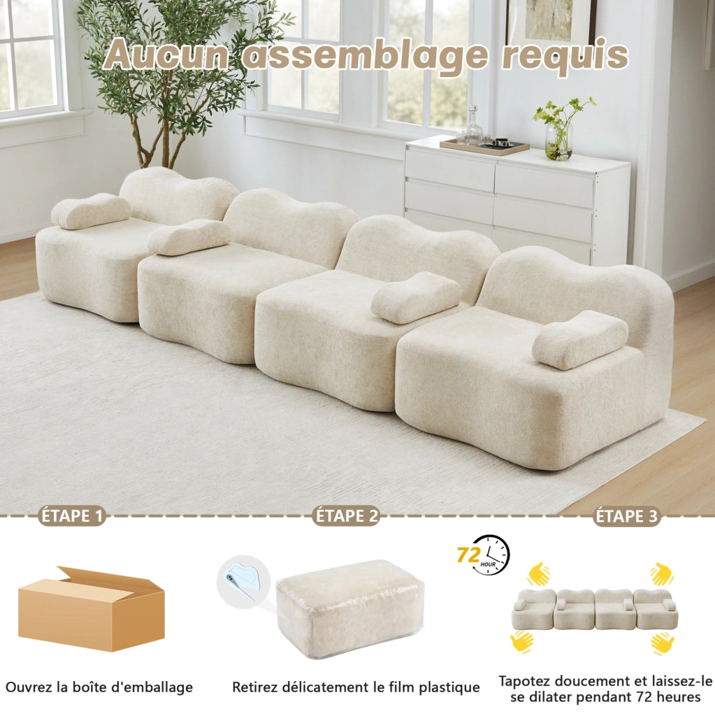 Divano modulare angolare ULEVR 2 posti con pouf, forma ondulata e rivestimento in velluto beige