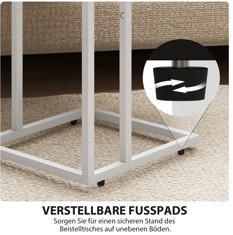 Tavolino pieghevole con stazione di ricarica USB, struttura in metallo bianco, piano in laminato effetto legno 39 x 29 x 57 cm