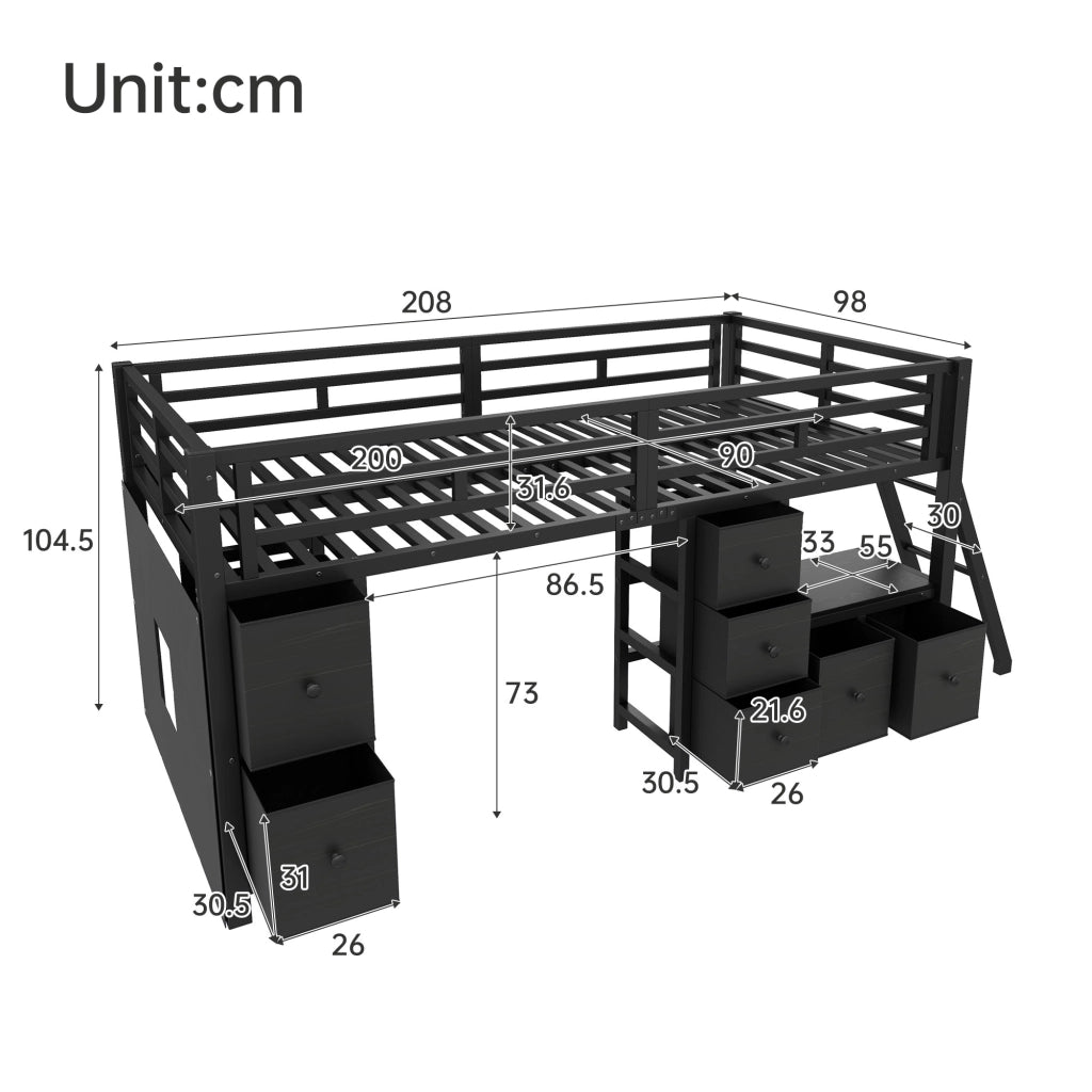 Letto a soppalco basso 90x200 cm con 7 cassetti; LED e area gioco nero