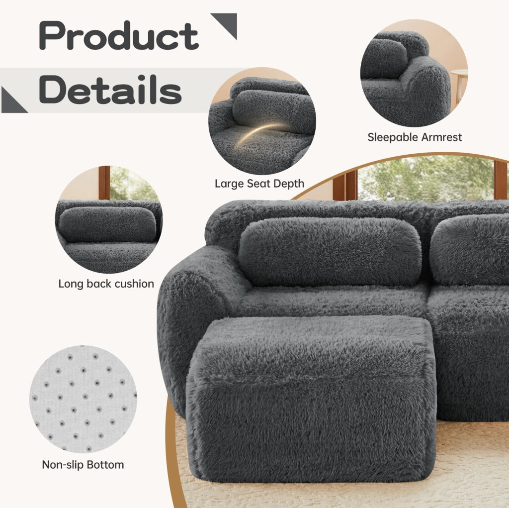 Divano angolare modulare a L a 4 posti in tessuto plush grigio con cuscini e chaise longue