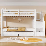 Letto a castello 90x200 cm con letto estraibile; cassetti e armadio bianco HOMVRA