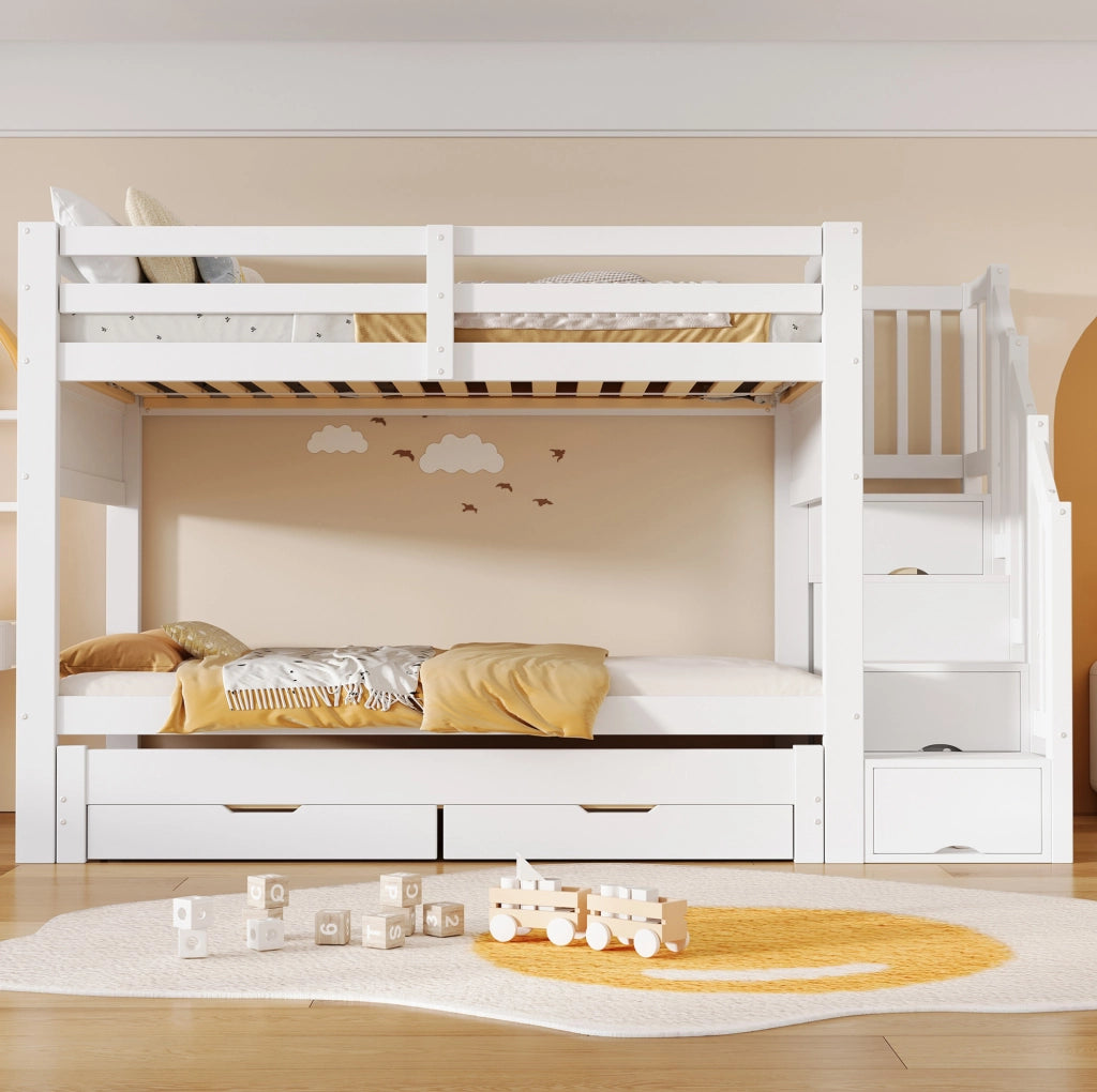 Letto a castello 90x200 cm con letto estraibile; cassetti e armadio bianco HOMVRA