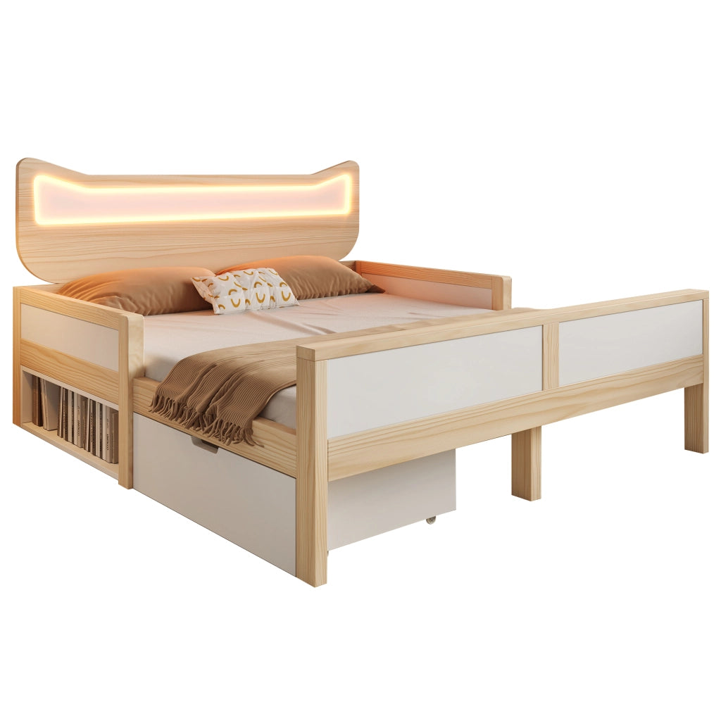Letto 140x200 con LED RGB e Testiera a Forma di Gatto; Struttura in Legno Bianco e Rovere con Cassetti Reversibili