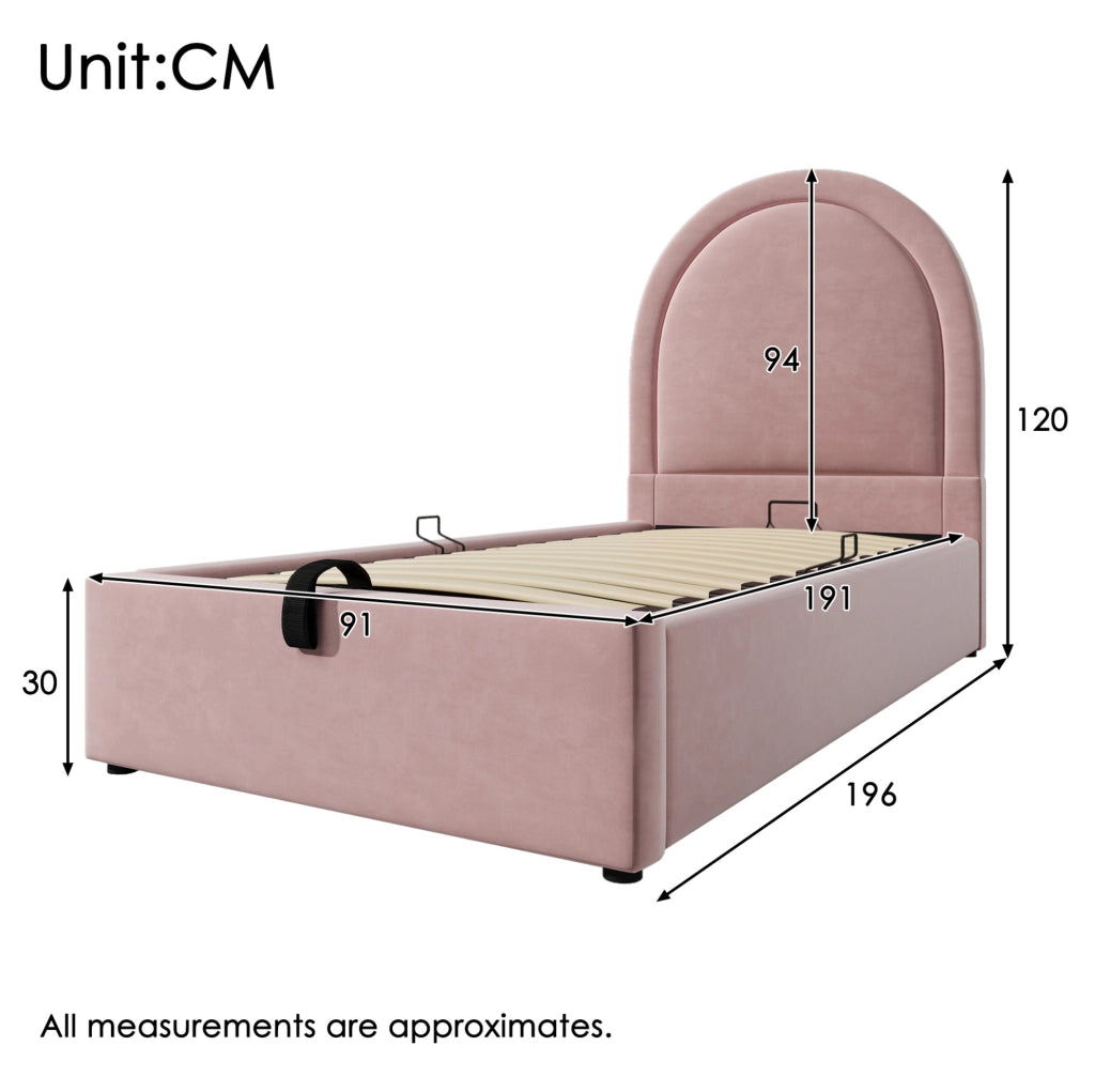Letto imbottito rosa con contenitore 90 x 190 cm in velluto