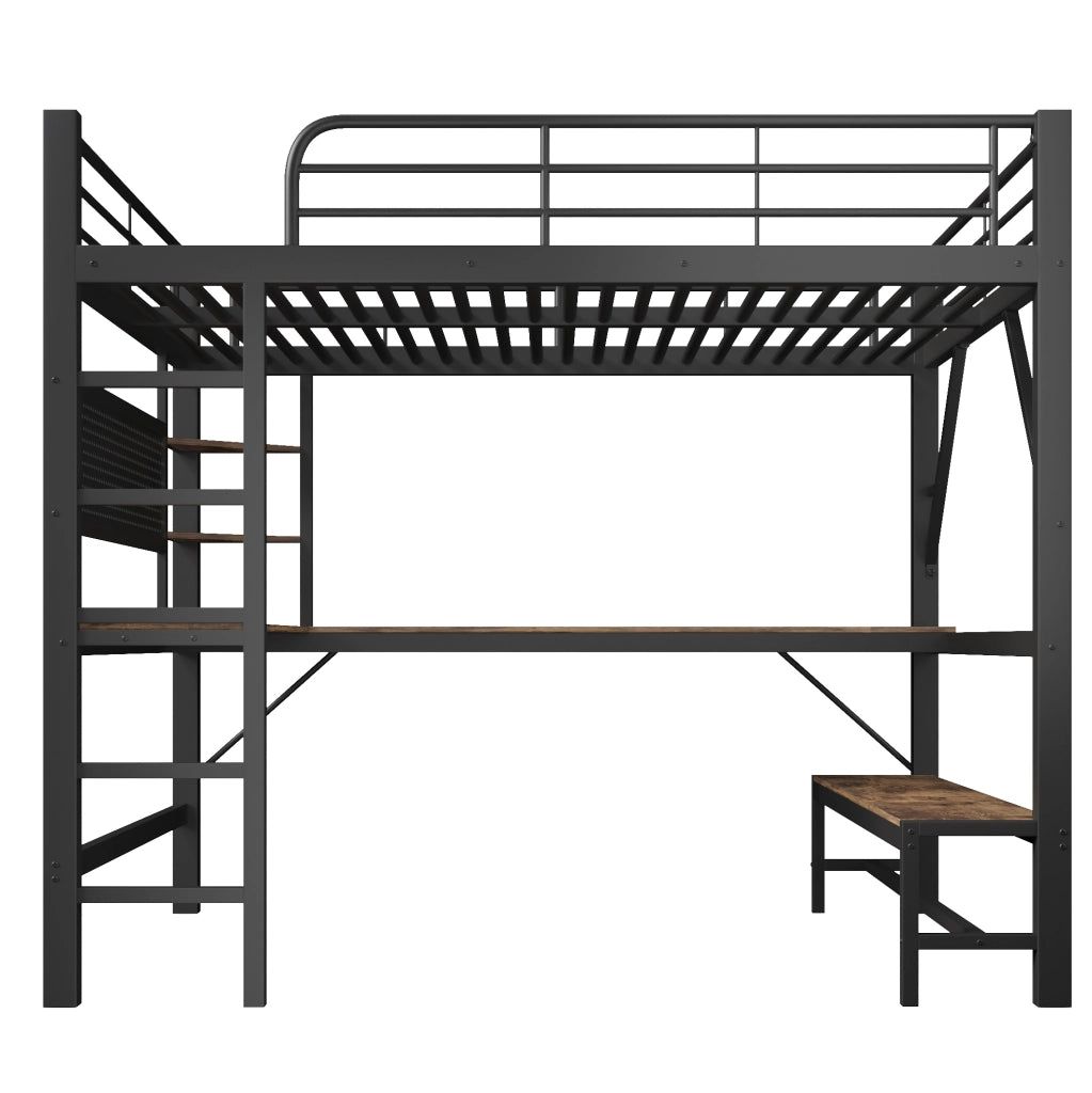 Letto a Castello 160 x 200 cm con Scrivania Scaffali LED USB Type-C Nero Senza Materasso