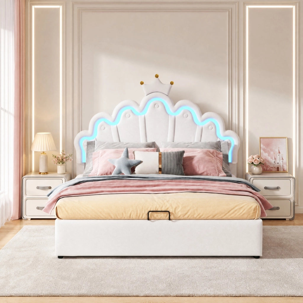 Letto contenitore 140 × 200 cm con illuminazione LED regolabile e testiera imbottita in similpelle bianca