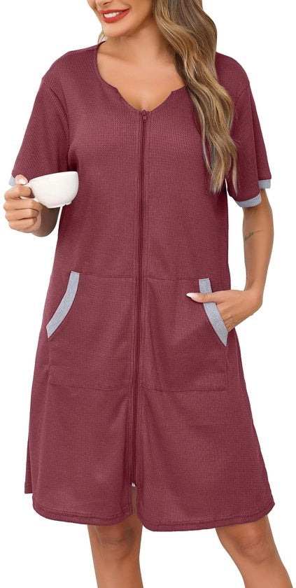 Badia di cotone wafelata per donne con cerniera, pigiama, leggera, respirante, camicia da notte wafelata per donne, lunghezza ginocchia con tasche, soia rosa, XL