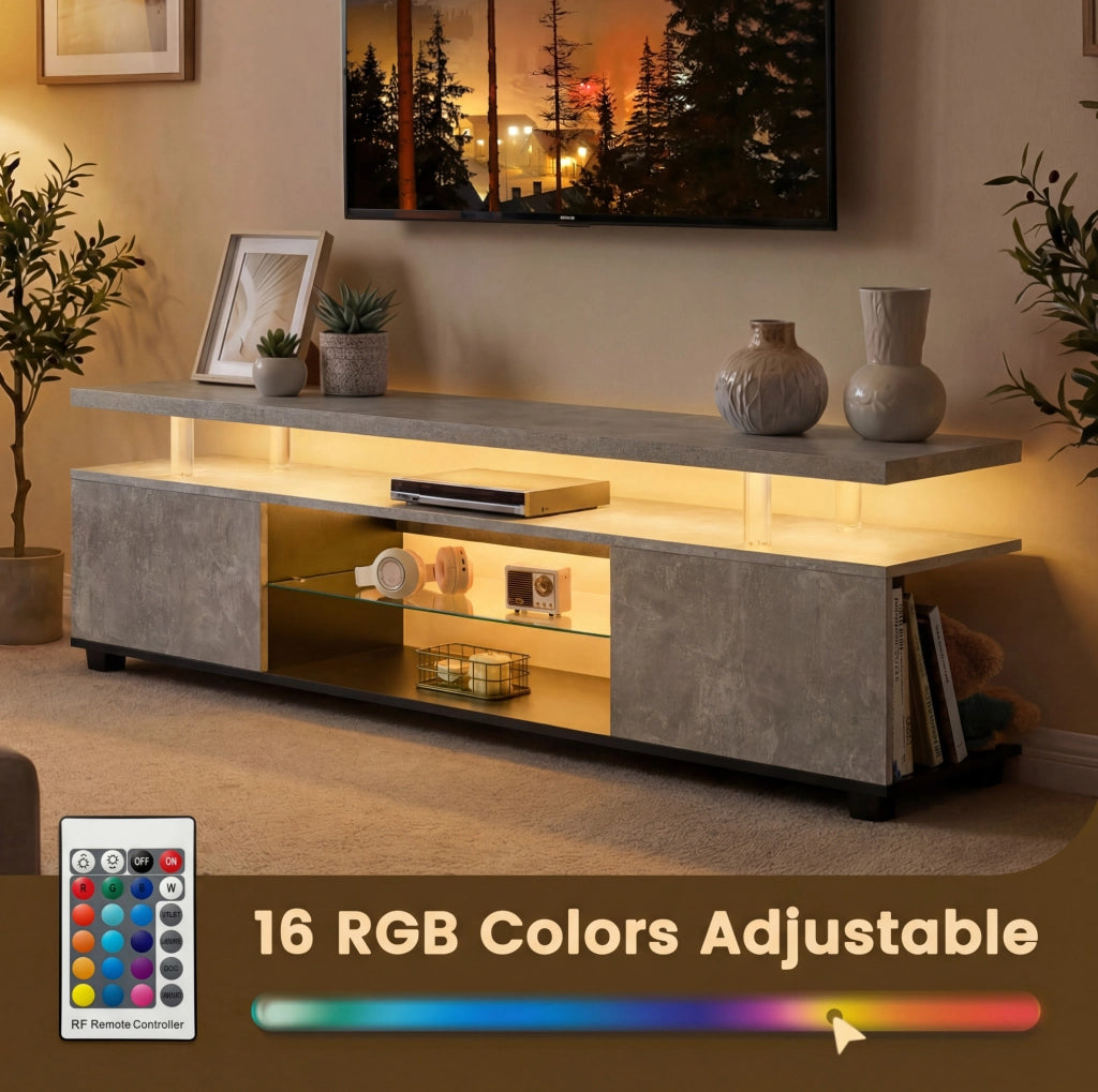 Mobile TV ULEVR con illuminazione LED, 3 vani chiusi e ripiano aperto, grigio e nero