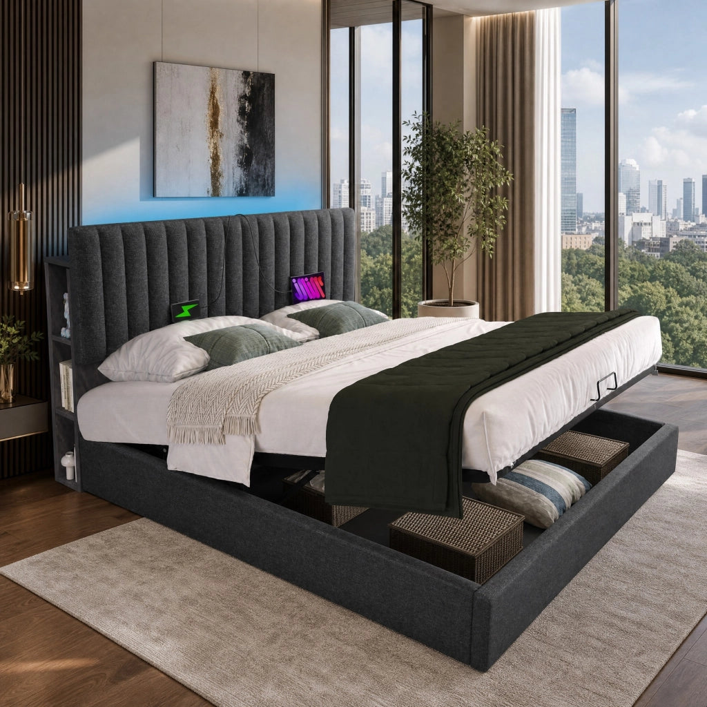 Letto matrimoniale 160x200 cm con contenitore; LED; USB e Type C; lino grigio con materasso