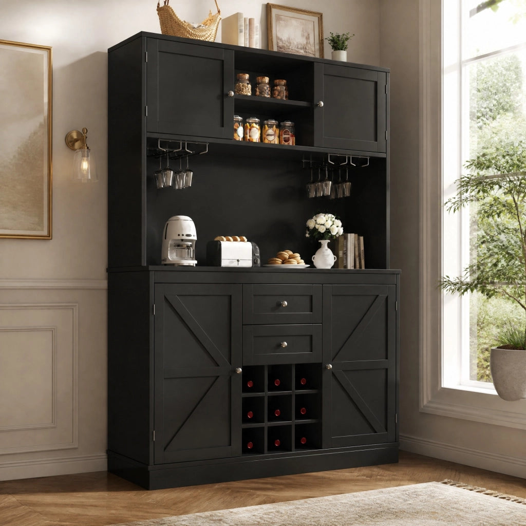 Credenza da cucina con 4 ante ripiani regolabili portabottiglie e vano aperto in MDF nera 120 × 40 × 188 cm