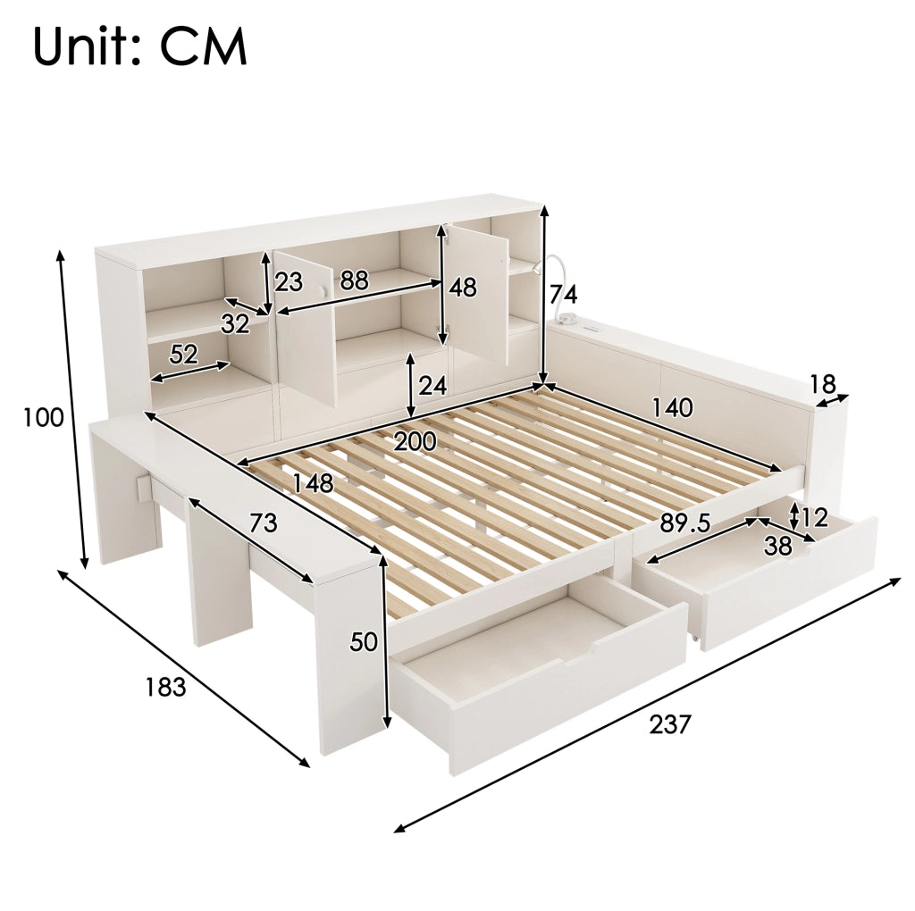 Letto matrimoniale 140x200 cm con cassetti; vano contenitore e prese USB/USB-C bianco HOMVRA
