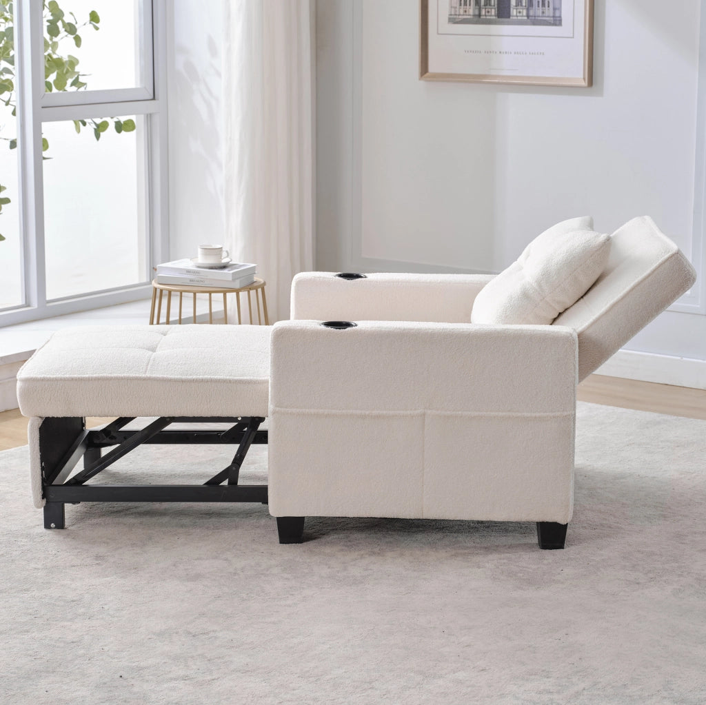 Poltrona letto 3 in 1 87x74x84 cm bianca con USB e portabicchieri, legno e metallo