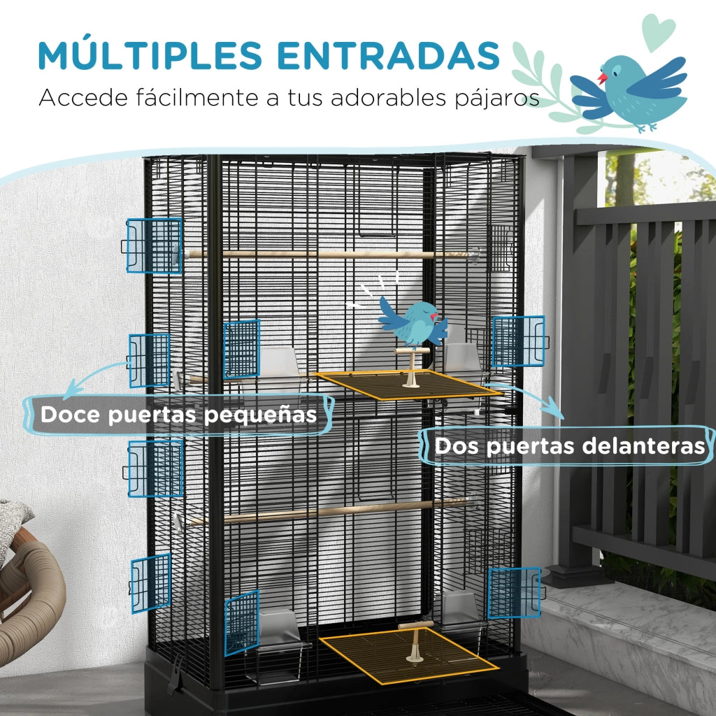 Gabbia per Uccelli ¨C zephmum ¨C Nero 61x36,5x98 cm con 8 Porte 5 Posatoi Vassoio Estraibile 4 Mangiatoie