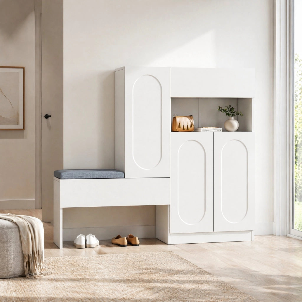 Scarpiera con panca 130x35x110 cm in truciolare; ante soft-close e cuscino grigio