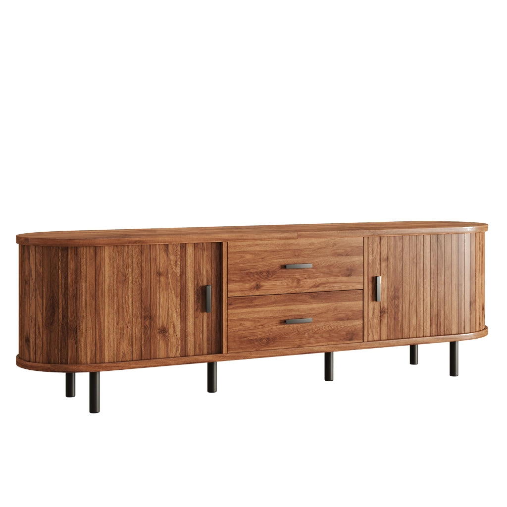Mobile TV 150x40x55 cm con ante scorrevoli; 2 cassetti e ripiani; struttura MDF e pannello truciolare noce