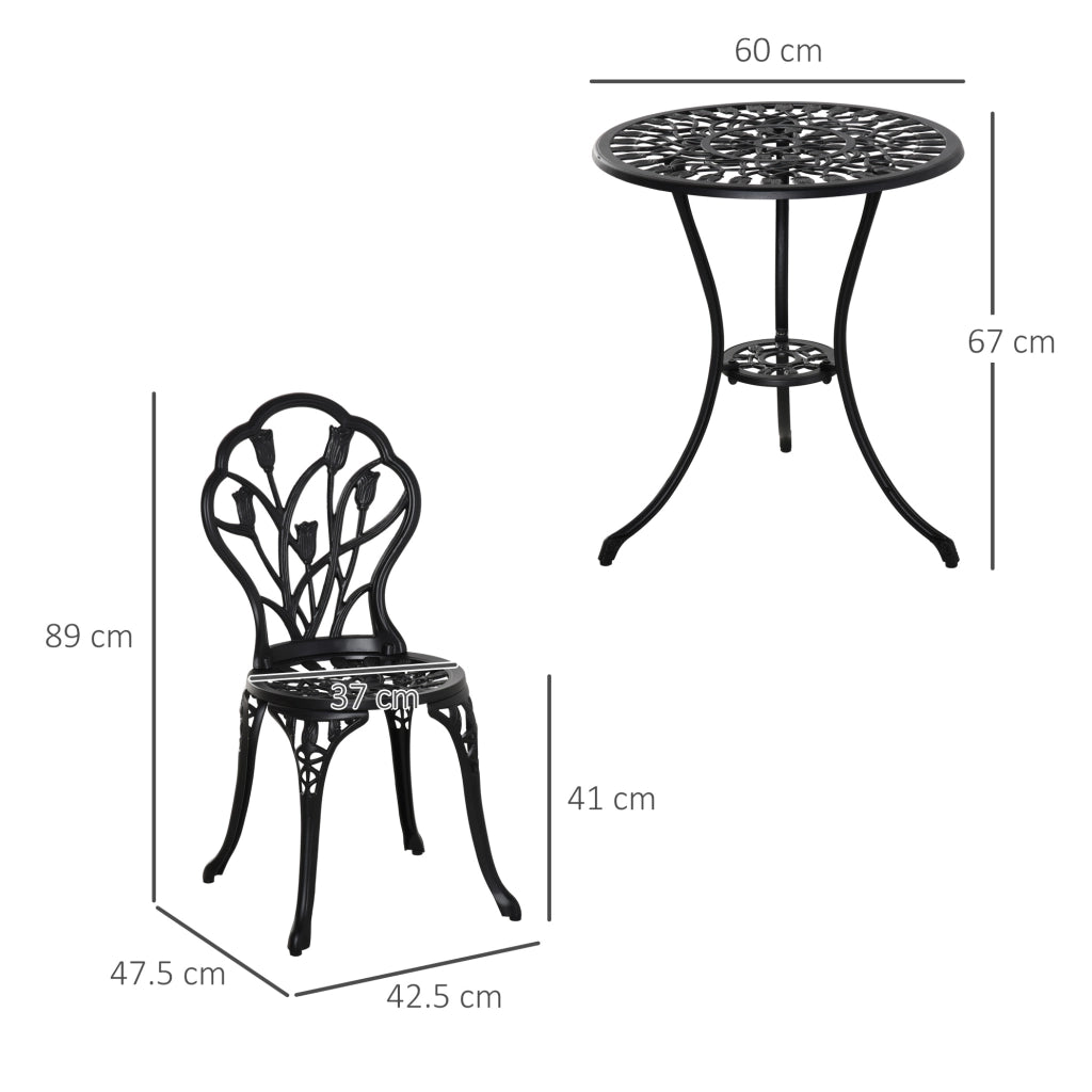 Set bistrot da esterno in alluminio nero con tavolo e 2 sedie