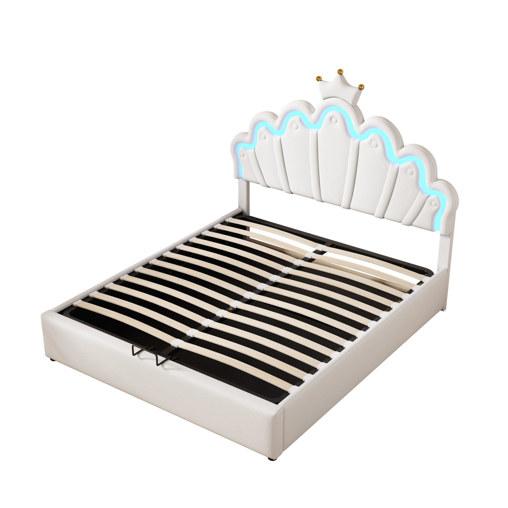 Letto contenitore 140 × 200 cm con illuminazione LED regolabile e testiera imbottita in similpelle bianca
