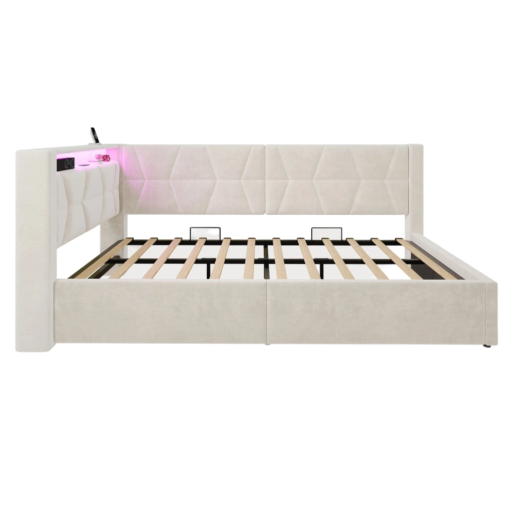 Letto singolo imbottito 90x200 cm con contenitore; LED; USB e Type-C beige